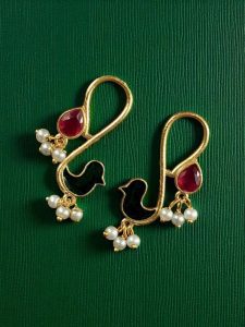 Gold Plated Enamel Bird Earrings | Western Look alike Stone & Pearl Work Beautiful Jewelry - color: "Green-Red"