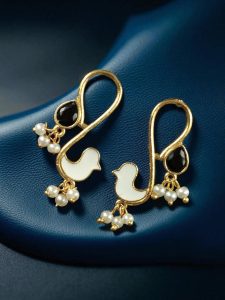 Gold Plated Enamel Bird Earrings | Western Look alike Stone & Pearl Work Beautiful Jewelry - color: "White-Black"