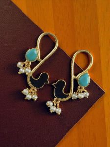 Gold Plated Enamel Bird Earrings | Western Look alike Stone & Pearl Work Beautiful Jewelry - color: "Blue-Aqua"