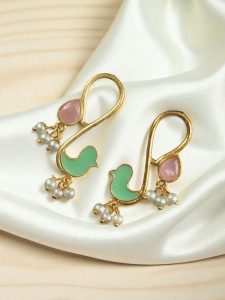 Gold Plated Enamel Bird Earrings | Western Look alike Stone & Pearl Work Beautiful Jewelry - color: "Mint-Baby Pink"
