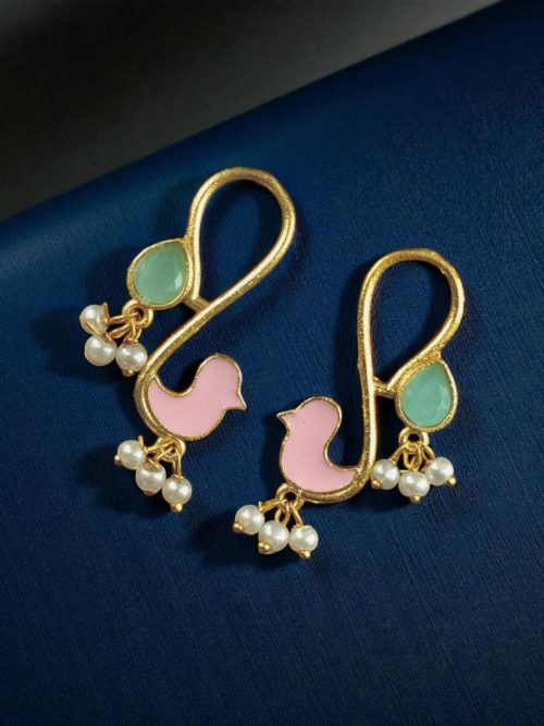 Gold plated enamel bird earrings with stone and pearl design