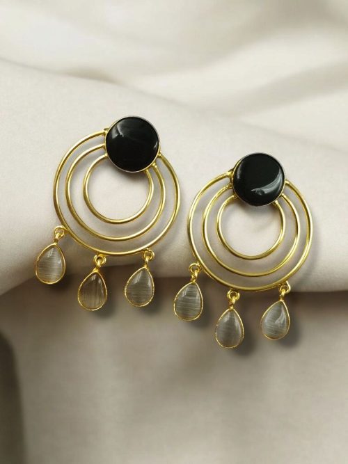 Gold plated round dangler earrings with Monalisa stone in ethnic western design