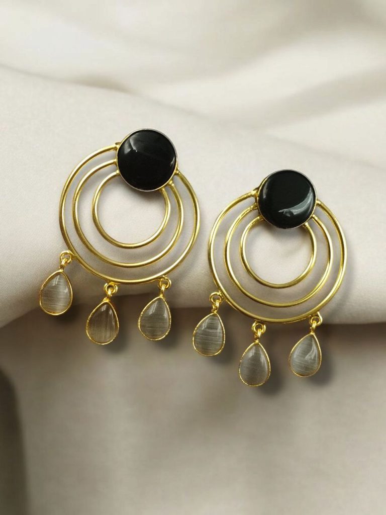 Bulk 676 Gold Plated Round Dangler Earrings | Monalisa Stone Ethnic Western Look Beautiful Jewelry - "Black-Grey"