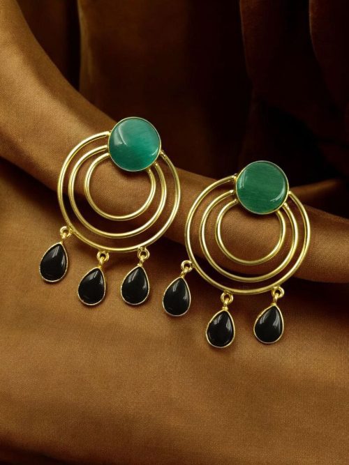 Gold plated round dangler earrings with Monalisa stone in ethnic western design