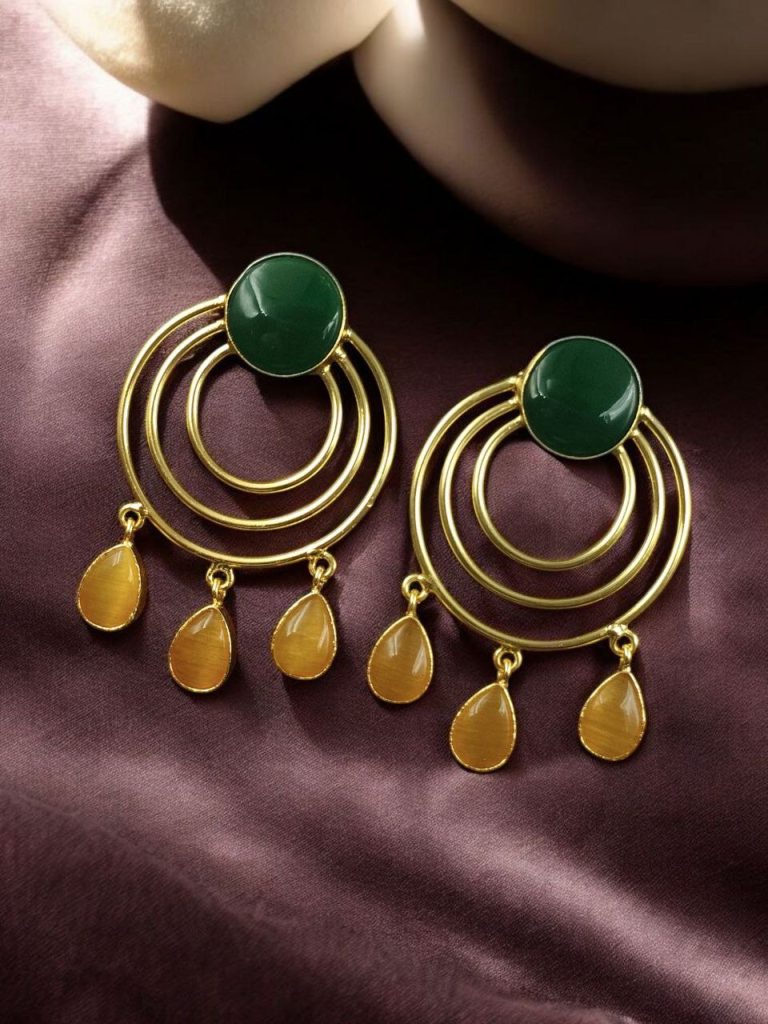Bulk 680 Gold Plated Round Dangler Earrings | Monalisa Stone Ethnic Western Look Beautiful Jewelry - "Green-Yellow"