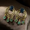 Gold plated round dangler earrings with Monalisa stone in ethnic western design