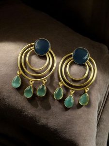 Gold Plated Round Dangler Earrings | Monalisa Stone Ethnic Western Look Beautiful Jewelry - color: "Blue-Aqua"