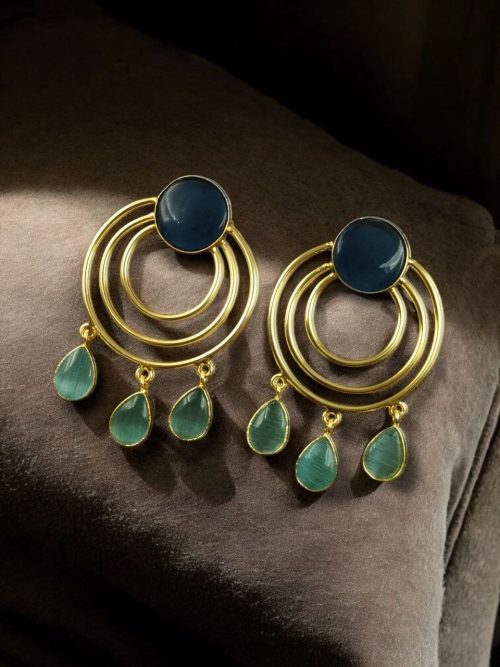 Gold plated round dangler earrings with Monalisa stone in ethnic western design