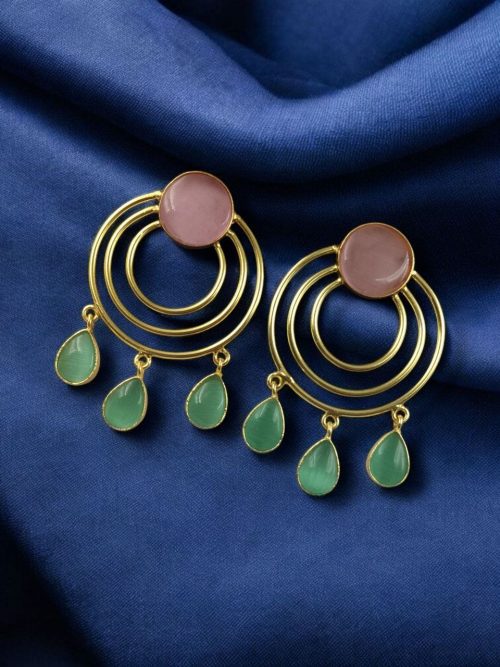 Gold plated round dangler earrings with Monalisa stone in ethnic western design