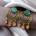 Gold Plated Round Dangler Earrings | Monalisa Stone Ethnic Western Look Beautiful Jewelry - "Aqua-Baby Pink"