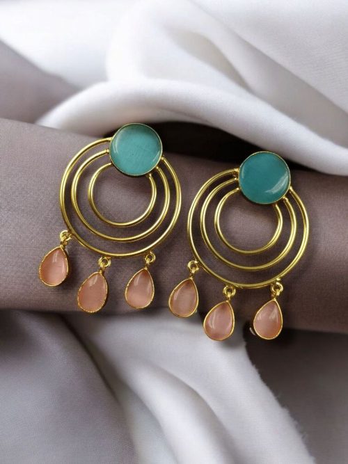 Gold plated round dangler earrings with Monalisa stone in ethnic western design