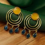 Gold Plated Round Dangler Earrings | Monalisa Stone Ethnic Western Look Beautiful Jewelry - "Yellow-Blue"