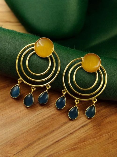 Gold plated round dangler earrings with Monalisa stone in ethnic western design