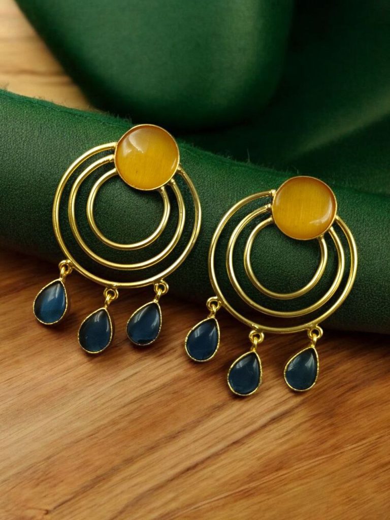 Bulk 690 Gold Plated Round Dangler Earrings | Monalisa Stone Ethnic Western Look Beautiful Jewelry - "Yellow-Blue"