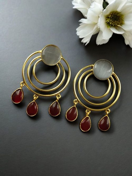 Gold plated round dangler earrings with Monalisa stone in ethnic western design