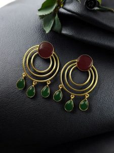 Gold Plated Round Dangler Earrings | Monalisa Stone Ethnic Western Look Beautiful Jewelry - color: "Red-Green"