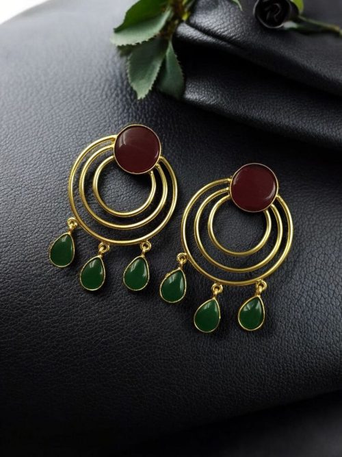 Gold plated round dangler earrings with Monalisa stone in ethnic western design