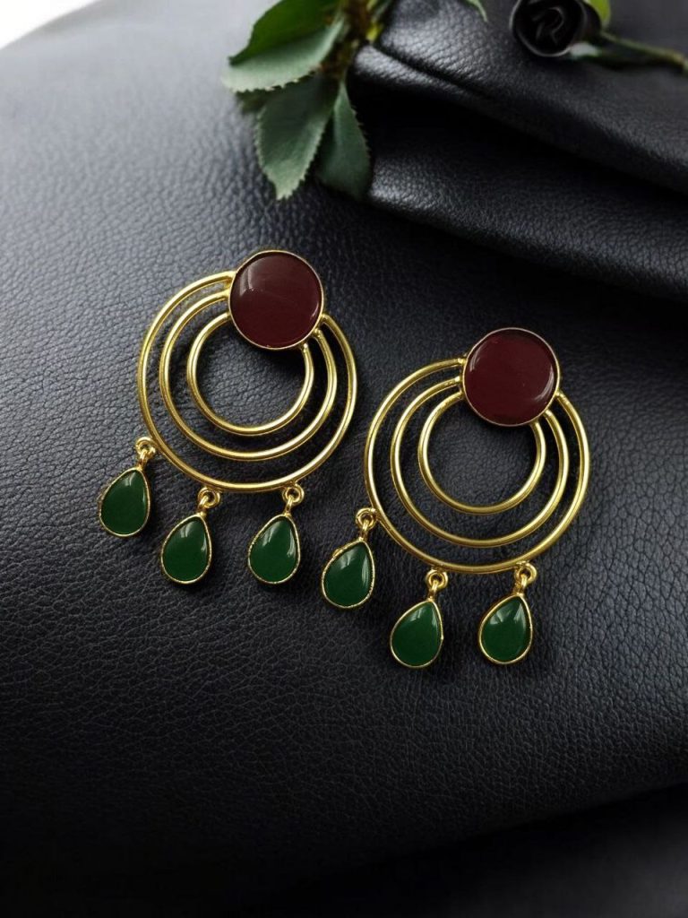 Bulk 692 Gold Plated Round Dangler Earrings | Monalisa Stone Ethnic Western Look Beautiful Jewelry - "Red-Green"