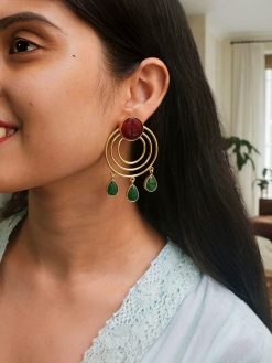 Gold plated round dangler earrings with Monalisa stone in ethnic western design