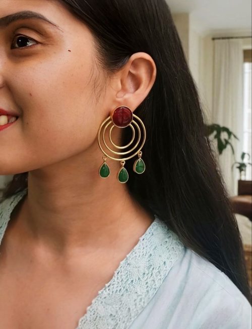 Gold plated round dangler earrings with Monalisa stone in ethnic western design