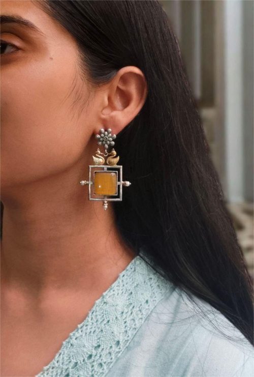 Lightweight Two-Tone Earrings | Western Look Monalisa Stone Best Bird Design Dangler Jewelry