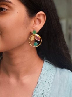 Gold Plated Leaf & Circle Design Earrings with Monalisa Stone – Ethnic & Western Look Amazing Jewelry