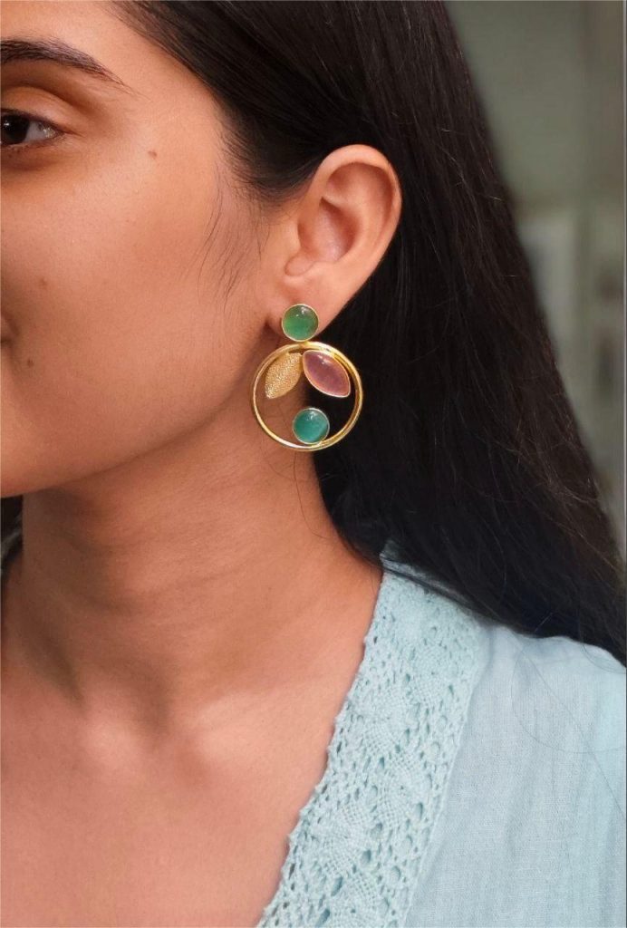 Gold Plated Leaf & Circle Design Earrings with Monalisa Stone – Ethnic & Western Look Amazing Jewelry
