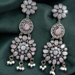 Bulk 144 Traditional Long Flower Earrings in Silver Replica Finish – Best Ethnic Dangler Jewelry For Women - "Baby Pink"