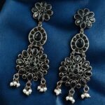 Bulk 146 Traditional Long Flower Earrings in Silver Replica Finish – Best Ethnic Dangler Jewelry For Women - "Black"
