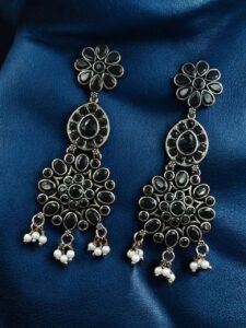 Traditional Long Flower Earrings in Silver Replica Finish – Best Ethnic Dangler Jewelry For Women - color: "Black"