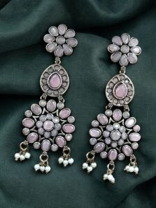 Traditional Long Flower Earrings in Silver Replica Finish – Best Ethnic Dangler Jewelry For Women - color: "Baby Pink"