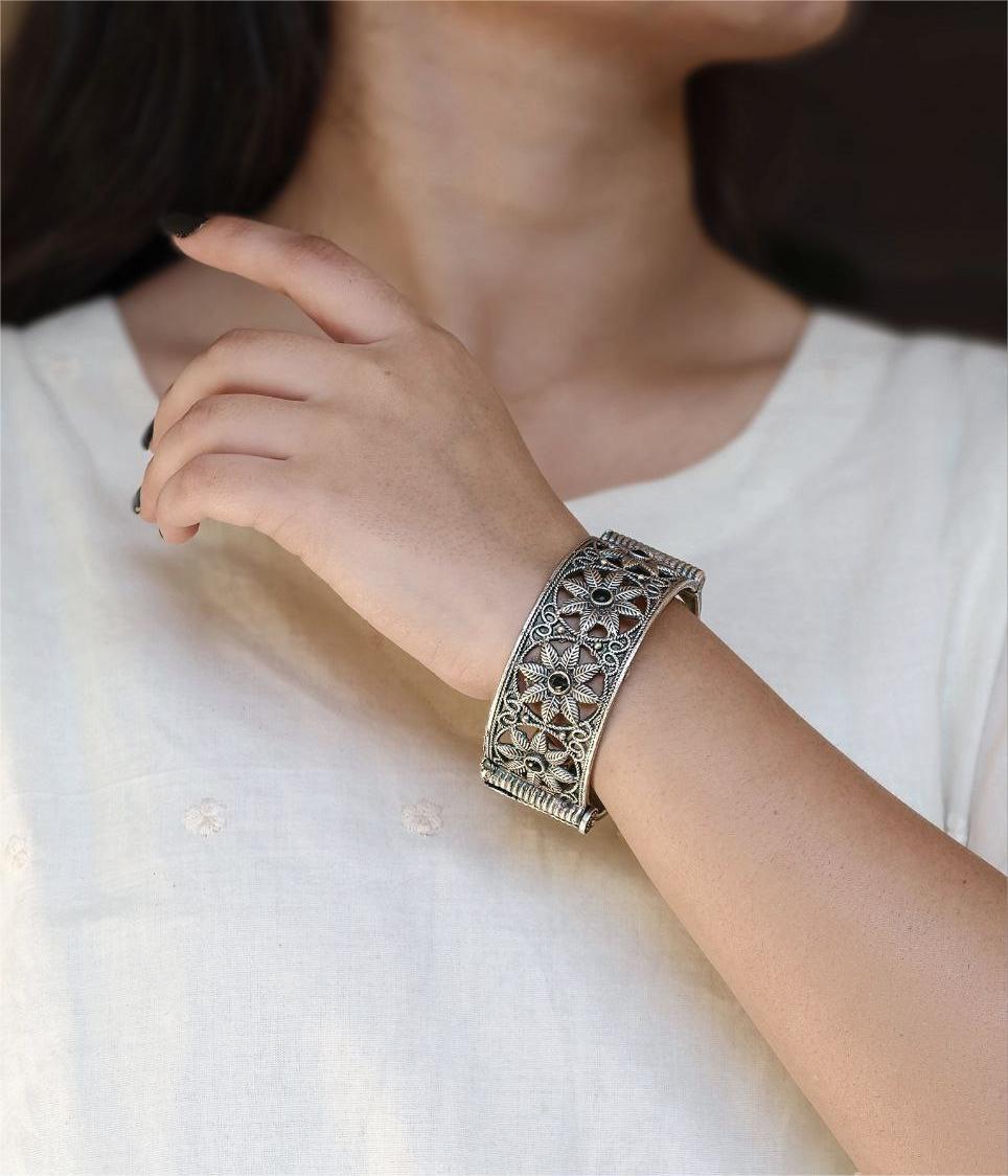 Traditional Oxidized Unique Flower Design Bangle | Silver Replica Ethnic Jewelry for Women 1 Oxidized flower design bangle for women
