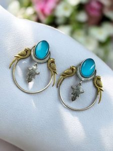 Western Look alike Two-Tone Parrot Earrings | Monalisa Stone Unique Design Ethinc Jewelry - color: "Aqua"