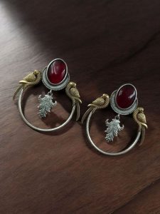 Western Look alike Two-Tone Parrot Earrings | Monalisa Stone Unique Design Ethinc Jewelry - color: "Red"