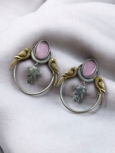 Western Look alike Two-Tone Parrot Earrings | Monalisa Stone Unique Design Ethinc Jewelry - color: "Baby Pink"
