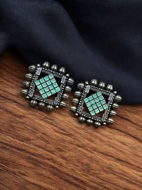 Handcrafted brass square stud earrings with natural stone detailing, featuring a modern and minimalist design