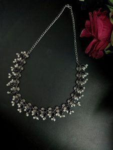 Silver Plated Antique Brass Neckpiece – The Best Traditional Accessory with Stone Embellishments - Color: ''Black''