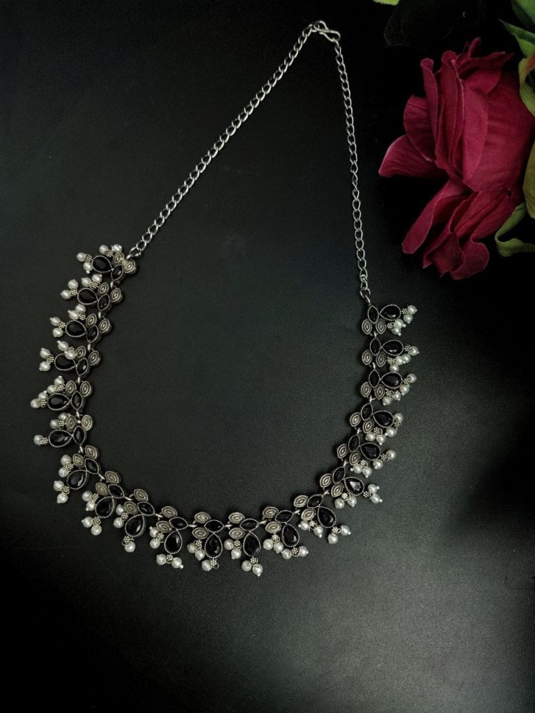 Bulk 470 Silver Plated Antique Brass Neckpiece – The Best Traditional Accessory with Stone Embellishments - ''Black''
