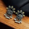 Silver-plated brass peacock earrings adorned with colorful stones, perfect for festive occasions