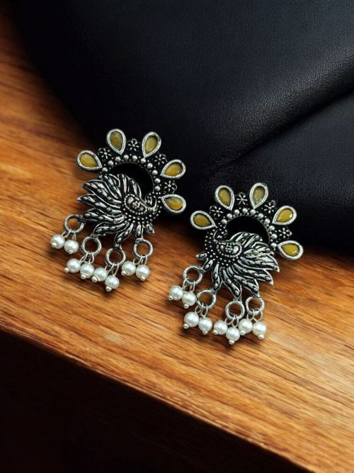 Silver-plated brass peacock earrings adorned with colorful stones, perfect for festive occasions