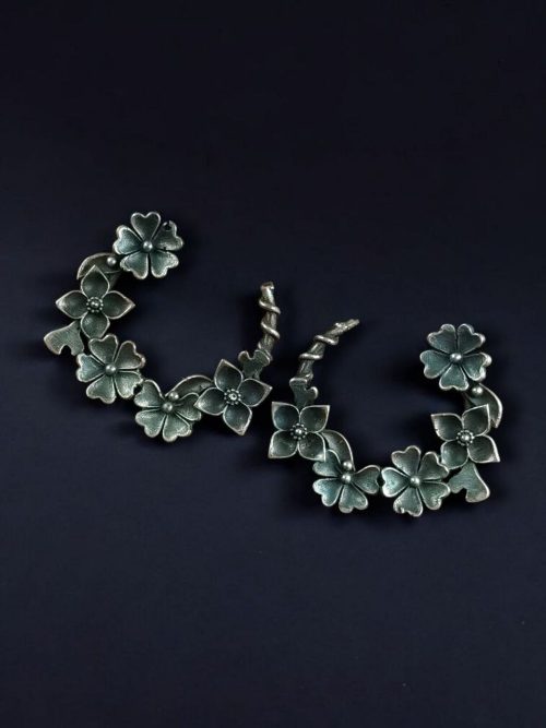 Beautiful silver plated brass flower earrings with intricate floral design, perfect for everyday wear
