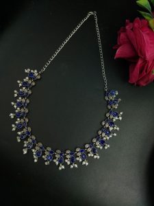 Silver Plated Antique Brass Neckpiece – The Best Traditional Accessory with Stone Embellishments - Color: ''Blue''