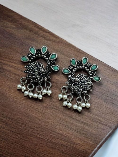 Silver-plated brass peacock stone earrings adorned with colorful stones, perfect for festive occasions
