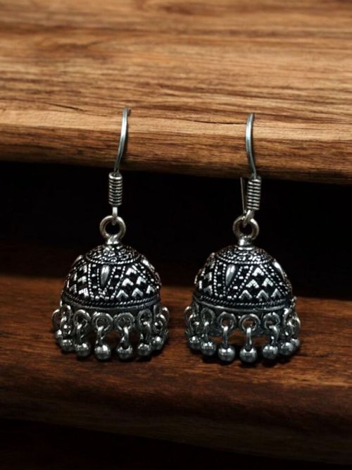 Intricately designed ethnic German silver jhumki earrings with silver-plated finish and traditional motifs