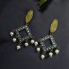 Brass hanging earrings with sparkling stones, featuring a stud base and elegant handcrafted design for special occasions