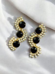 Premium Gold-Plated Brass Earrings with Monalisa Stone – A Beautiful Contemporary Piece for Every Occasion - Color: ''Black''