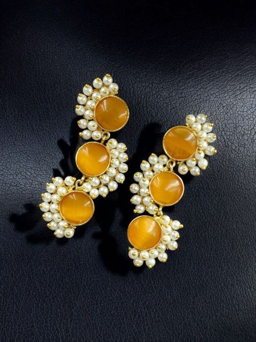 Gold-plated brass earrings featuring Monalisa stone in a contemporary design, perfect for festive and elegant occasions