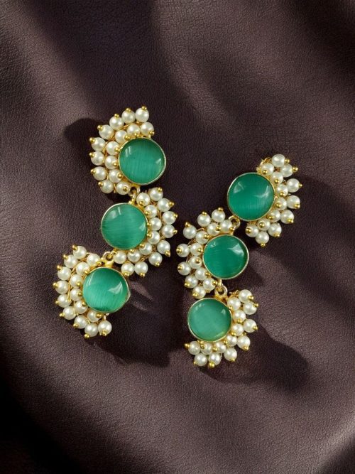 Gold-plated brass earrings featuring Monalisa stone in a contemporary design, perfect for festive and elegant occasions