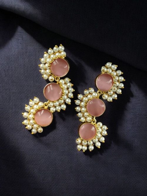 Gold-plated brass earrings featuring Monalisa stone in a contemporary design, perfect for festive and elegant occasions.
