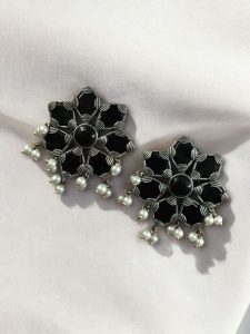 Beautiful Brass Stone Stud Earrings – Perfect for Everyday Use - Color: ''Black''